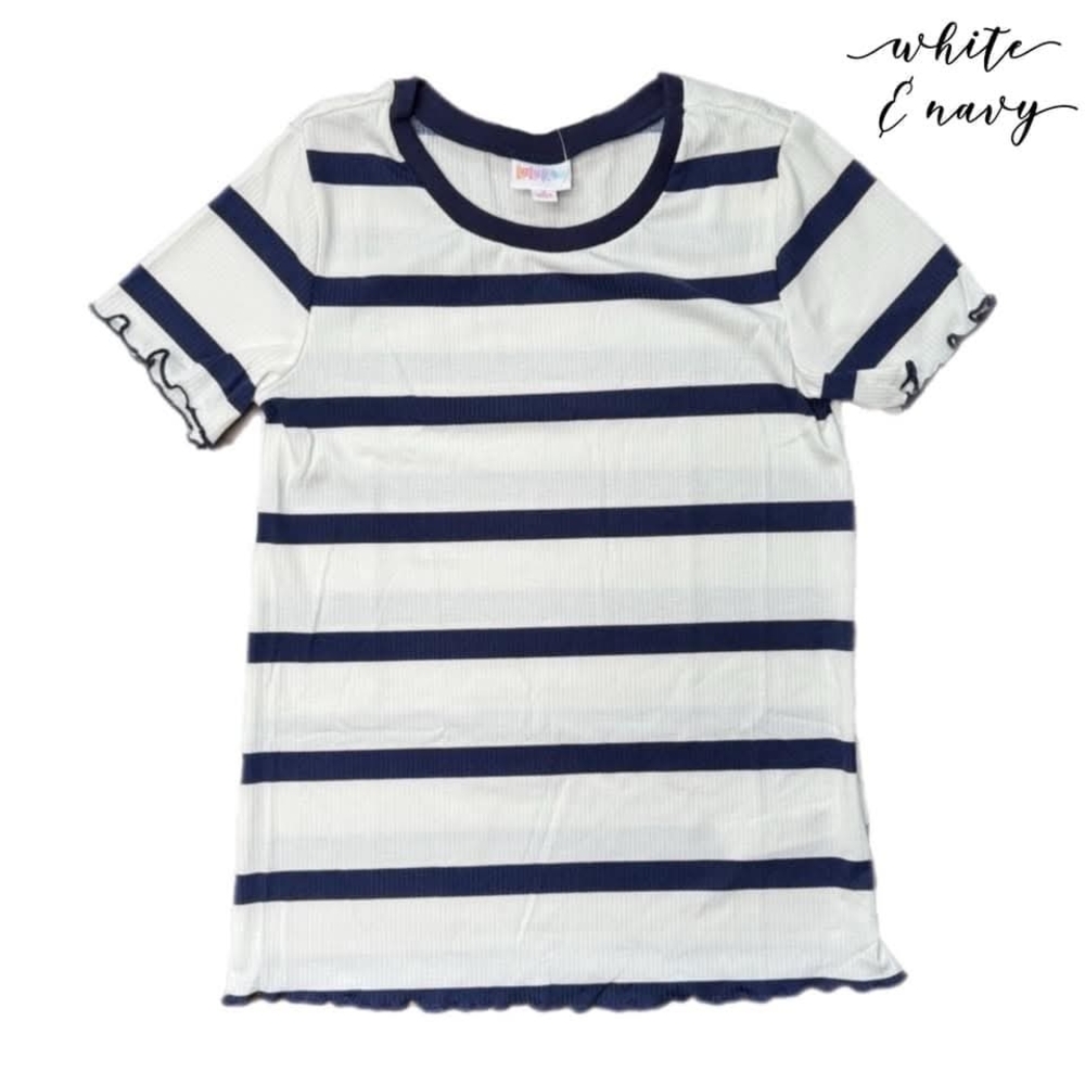 LuLaRoe Kelly 2XL White Navy Stripe Ribbed Ruffle Sleeve Top NWT
